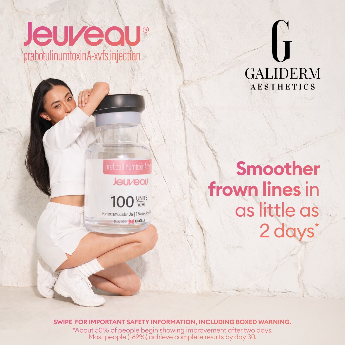 Jeuveau campaign visual for the GaliDerm Aesthetics new patient offer, noting smoother-looking frown lines in as little as 2 days for some patients